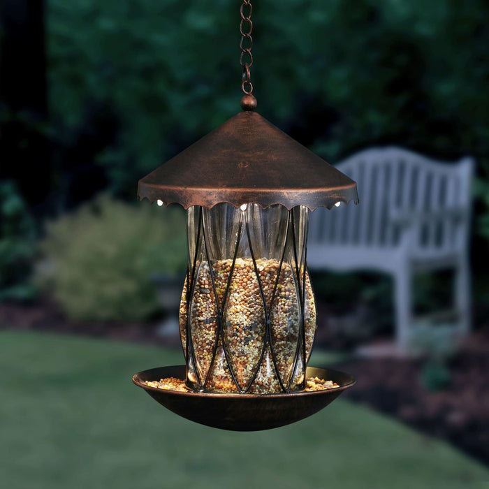 Solar Bronze Bird Feeder in Clear Diamond Glass Pattern with Four LED Lights