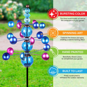 Three Tier Wind Spinner Garden Stake with Glass Crackle Balls in Blue, 14 by 48 Inches | Shop Garden Decor by Exhart