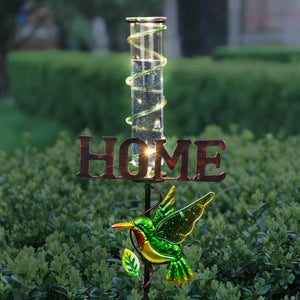 Solar Green Hummingbird Rain Gauge Garden Stake reads HOME, 12.5 by 31.5 Inches | Shop Garden Decor by Exhart