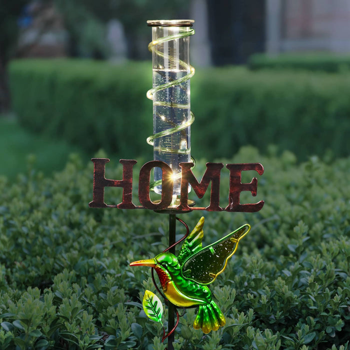 Solar Green Hummingbird Rain Gauge Garden Stake reads HOME, 12.5 by 31.5 Inches