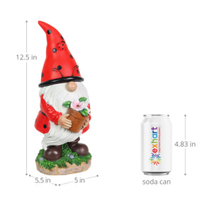 Solar Ladybug Hat Gnome Statue with Pink Flower Pot, 5 by 12.5 Inches | Shop Garden Decor by Exhart