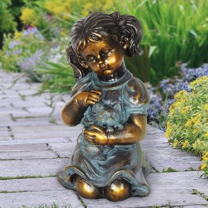 Bronze Look Girl and Kitten Garden Statue, 10.5 Inches | Shop Garden Decor by Exhart