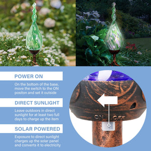Solar Pearlized Hand Blown Green Glass Twisted Flame Garden Stake with Metal Finial Detail, 36 Inch | Exhart
