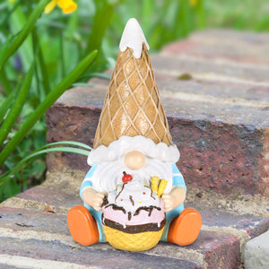 Ice Cream Hat Garden Gnome Statue, Sitting with a Sundae, 5 x 5 x 7.5 Inches | Shop Garden Decor by Exhart