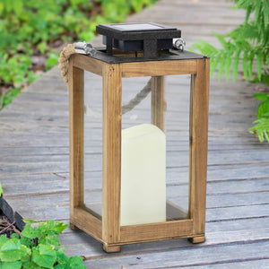 Solar Wood and Glass Lantern w/LED Candle, 5"x5"x11" | Shop Garden Decor by Exhart