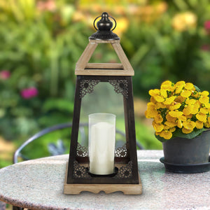 Antiqued Wood and Metal Candle Lantern  with LED Candle, 17 Inch | Shop Garden Decor by Exhart