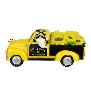 Solar Hand Painted Beekeeper Gnome in a Yellow Sunflower Truck Garden Statue, 11 by 5 Inches | Shop Garden Decor by Exhart