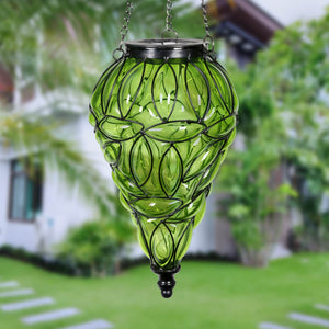 Solar Tear Shaped Glass and Metal Hanging Lantern in Green with 15 Cool White LED Fairy Firefly String Lights, 7 by 24 Inches | Exhart