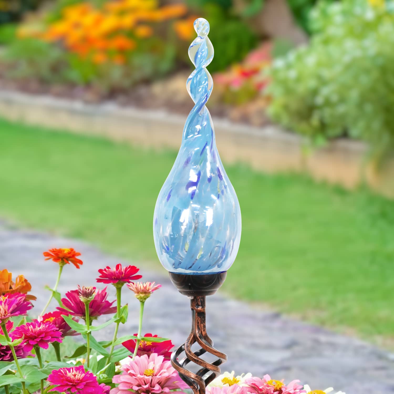 Solar Pearlized Glass Twisted Flame Garden Stake with Metal Finial Detail in Light Blue, 36 Inch | Shop Garden Decor by Exhart