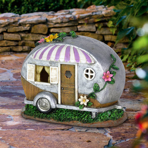 Solar Hand Painted Camping Trailer Statue with Lavender Awning, 5 by 6.5 Inches | Shop Garden Decor by Exhart