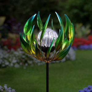 Solar Metal Green Spinning Flower Stake with LED Crackle Ball, 10 by 42 Inches | Shop Garden Decor by Exhart