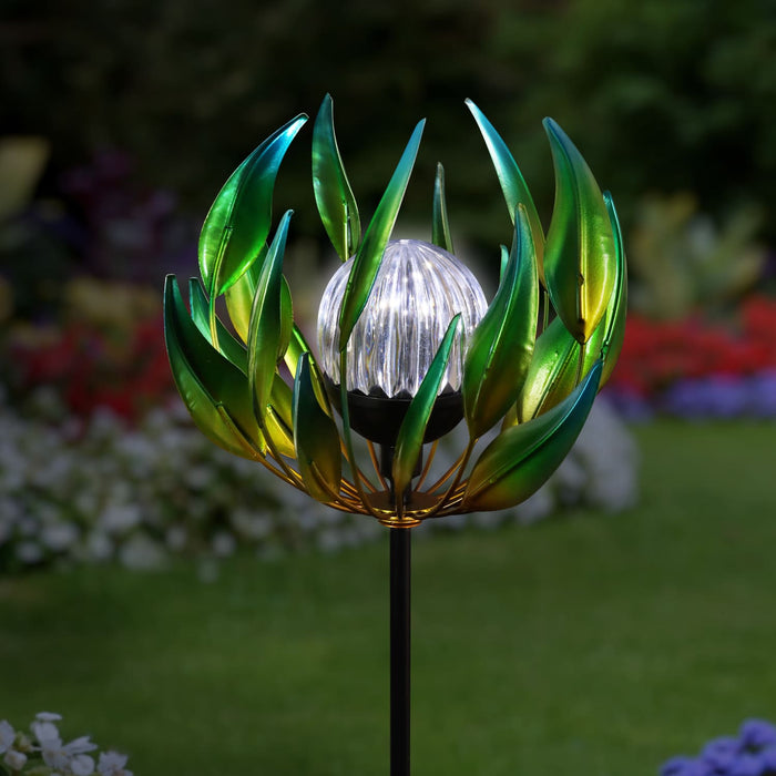 Solar Metal Green Spinning Flower Stake with LED Crackle Ball, 10 by 42 Inches