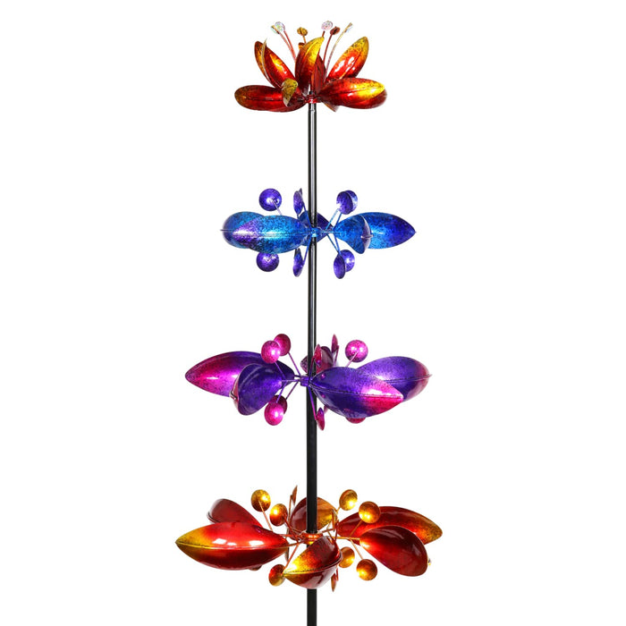 Lotus Flower Wind Spinner Garden Stake with Four Metallic Flowers, 17 by 76 Inches