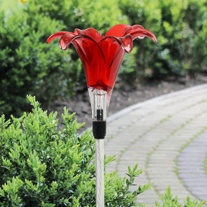 Solar Plastic Lily Garden Stake in Red, 4 by 35 Inches | Shop Garden Decor by Exhart