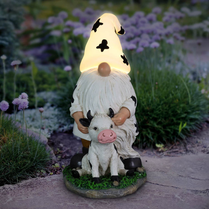 Solar Gnome with Cow Print Hat and Calf Statue, 6.5 by 10 Inches