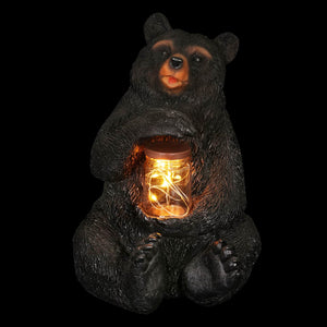 Solar Bear Garden Statue Holding A Glass Jar with Eight LED Firefly String Lights, 8.5 x 10.5 Inch | Exhart