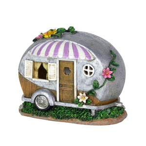 Solar Hand Painted Camping Trailer Statue with Lavender Awning, 5 by 6.5 Inches | Shop Garden Decor by Exhart