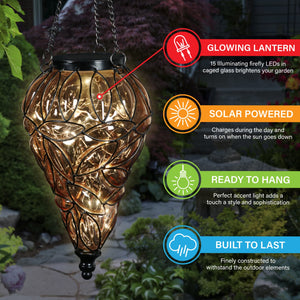 Solar Tear Shaped Amber Glass and Metal Hanging Lantern with 15 Cool White LED Fairy Firefly String Lights, 7 by 24 Inches | Exhart