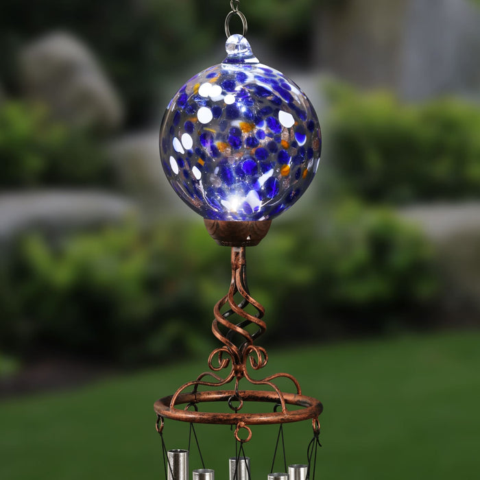 Solar Blue Glass Ball Wind Chime with Metal Finial, 5 by 46 Inches