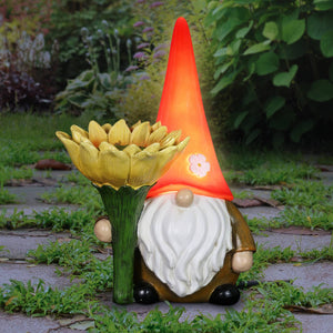 Solar Sunflower Simon Garden Gnome Statue, 12 Inch | Shop Garden Decor by Exhart
