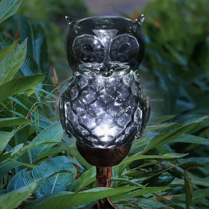 Solar Honeycomb Glass Owl Garden Stake in Grey, 32 Inch