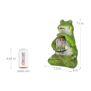 Solar Frog Garden Statue Holding a Glass Jar with Eight LED Firefly String Lights, 6 by 11 Inches | Exhart