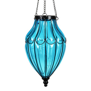 Solar Blue Glass Hanging Lantern with Waving Metal Pattern, 7.5 by 25 Inches | Shop Garden Decor by Exhart