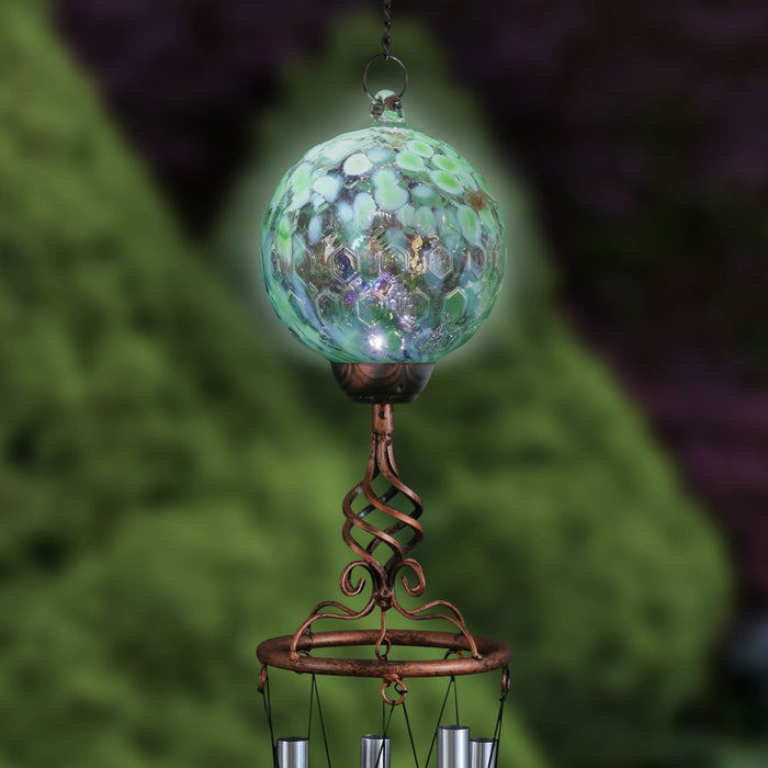 Solar Pearlized Green Honeycomb Glass Ball Wind Chime with Metal Finial Detail, 5 by 46 Inches