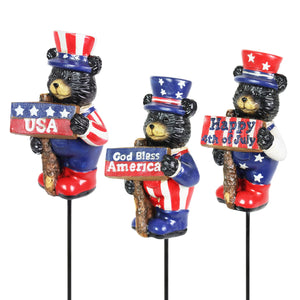 3 Piece Patriotic Bears with Inspirational Signs Pot Stake Assortment, 2.5 by 8.5 Inches | Shop Garden Decor by Exhart