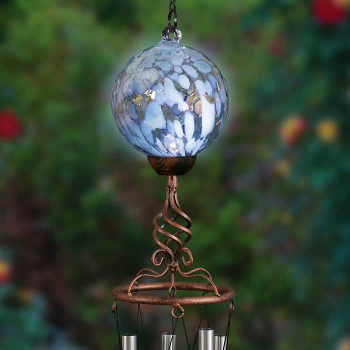 Solar Pearlized Light Blue Honeycomb Glass Ball Wind Chime with Metal Finial Detail, 5 by 46 Inches