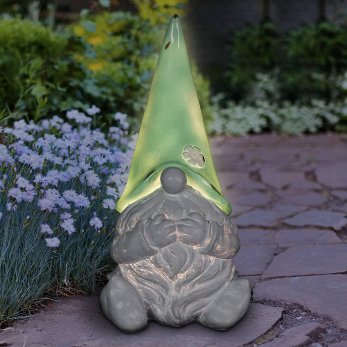 Solar Green Hat Grey Garden Gnome Statuary, 10 Inch