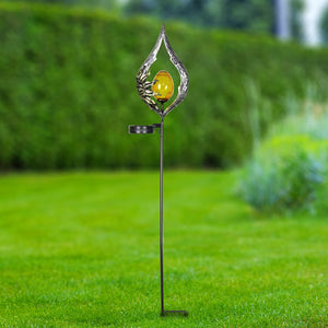 Sun on a Silver Teardrop Solar Garden Stake with Amber Glass Center, 8 by 38 Inches | Shop Garden Decor by Exhart