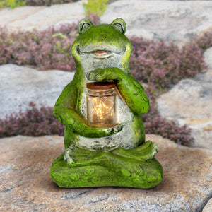 Solar Frog Garden Statue Holding a Glass Jar with Eight LED Firefly String Lights, 6 by 11 Inches | Exhart