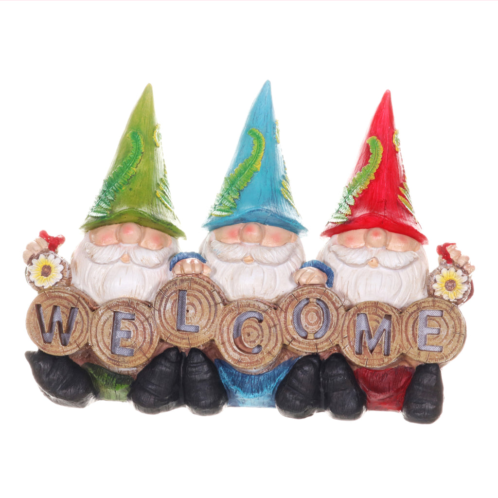 Solar Three Gnomes with Welcome Sign Garden Statuary, 13 by 9 Inches