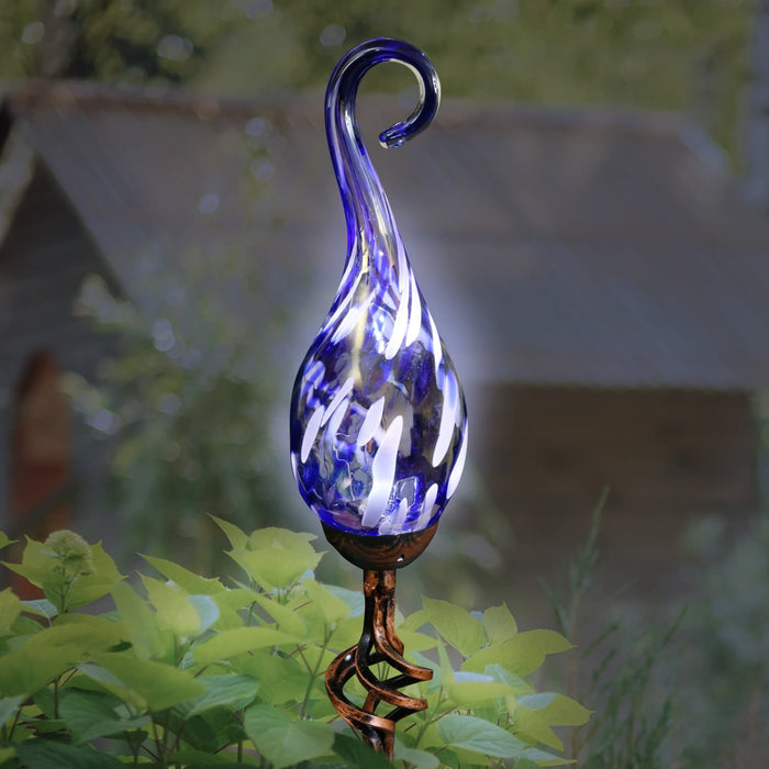 Solar Hand Blown Pearlized Blue Glass Spiral Flame Garden Stake with Metal Finial Detail, 36 Inch