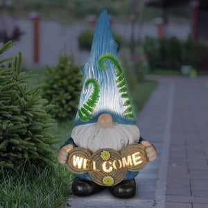 Solar Hand Painted Blue Hat with Vines Garden Gnome Statue with Welcome Log, 6.5 by 12 Inches | Shop Garden Decor by Exhart