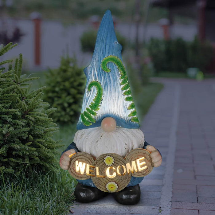 Solar Hand Painted Blue Hat with Vines Garden Gnome Statue with Welcome Log, 6.5 by 12 Inches