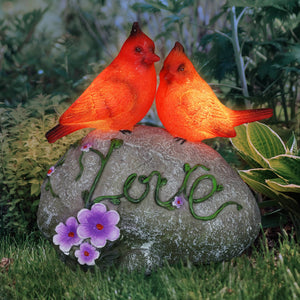 Solar Cardinal Love Rock Statue with Flowers, 8 Inch | Shop Garden Decor by Exhart