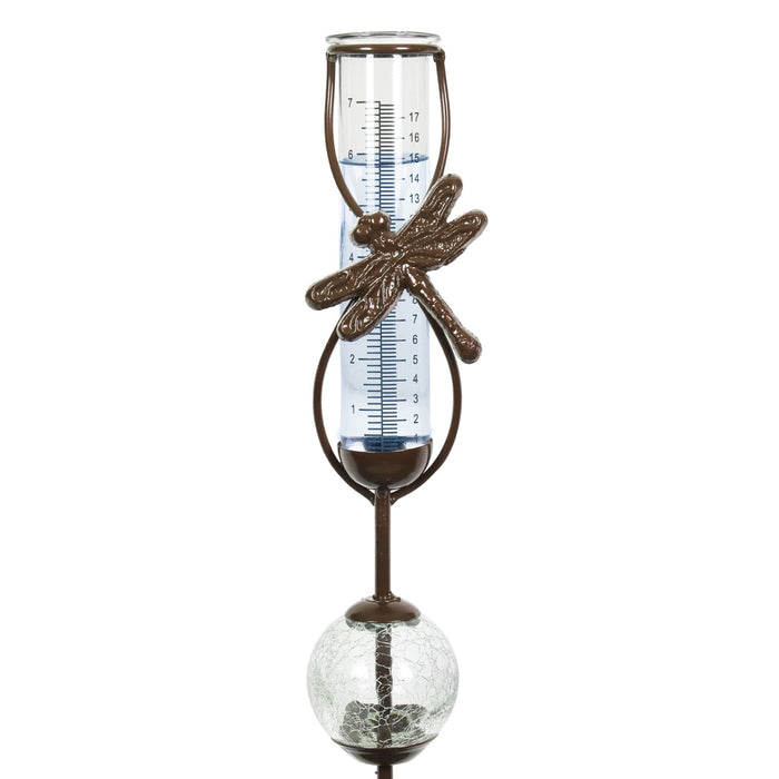 Bronze Dragonfly Rain Gauge Stake with Clear Glass Ball Detail, 32.5 Inches