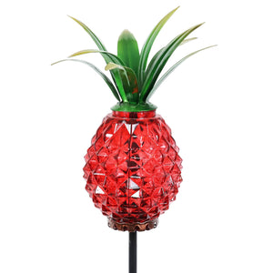 Solar Red Textured Glass Pineapple Garden Stake With Hand Painted Metal Leaf Crown, 4 by 29 Inches | Exhart