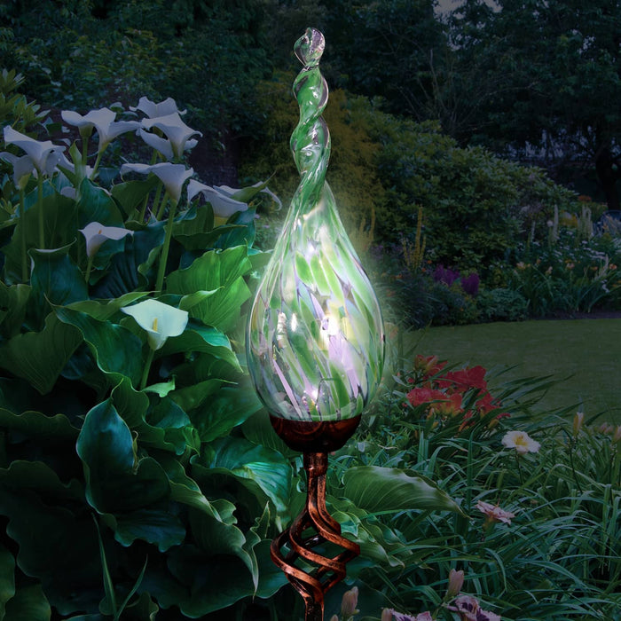 Solar Pearlized Hand Blown Green Glass Twisted Flame Garden Stake with Metal Finial Detail, 36 Inch