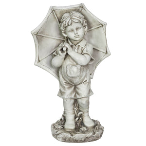 Solar Boy with Umbrella Statue in Natural Resin Finish, 19 Inch | Shop Garden Decor by Exhart
