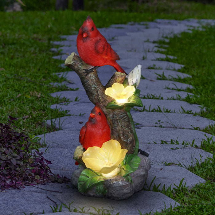 Cardinals with Solar Flowers on a Branch Hand Painted Garden Statue, 12 Inch