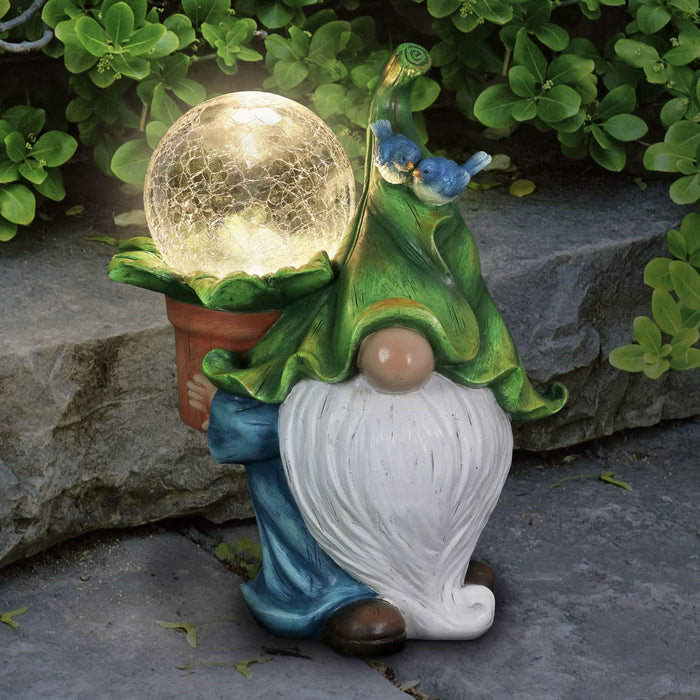 Garden Gnome with Solar Crackle Ball in a Flower Pot Statuary, 9 by 11 Inch