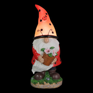 Solar Ladybug Hat Gnome Statue with Pink Flower Pot, 5 by 12.5 Inches | Shop Garden Decor by Exhart