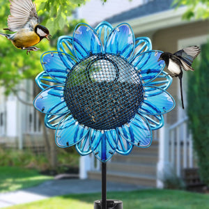 Solar Blue Sunflower Metal and Glass Bird Seed Feeder Garden Stake, 11 by 36 Inches | Shop Garden Decor by Exhart
