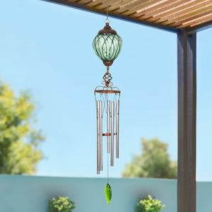 Solar Metal Wire and Glass Wind Chime in Green with Linking Oval Pattern and Nine LED Fairy Firefly String Lights, 6  by 32 Inches | Exhart