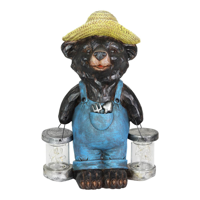 Solar Rustic Farmhouse Bear with Firefly Jars Statuary, 12.5 Inches