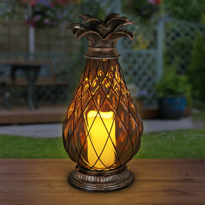 Bronze Pineapple Lantern with Battery Powered LED Candle on a Timer, 17 inch