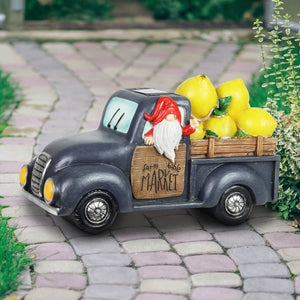 Solar Hand Painted Gnome Driving a Farm to Table Lemon Truck Garden Statue, 10 by 6 Inches | Shop Garden Decor by Exhart